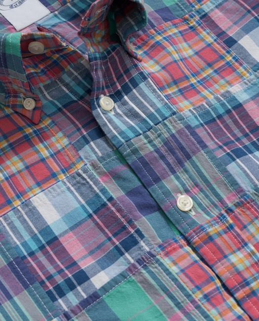 Washed Cotton Patchwork Madras Polo Button-Down Collar, Short-Sleeve Shirt