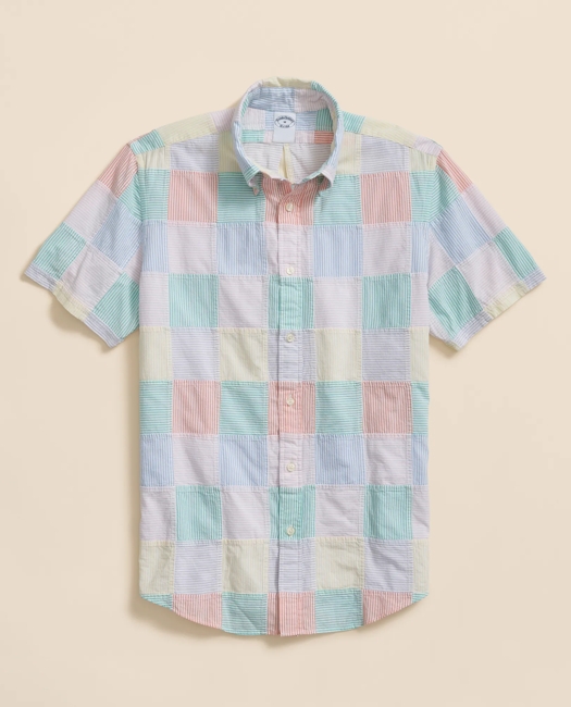 Washed Cotton Patchwork Madras Polo Button-Down Collar Short-Sleeve Shirt