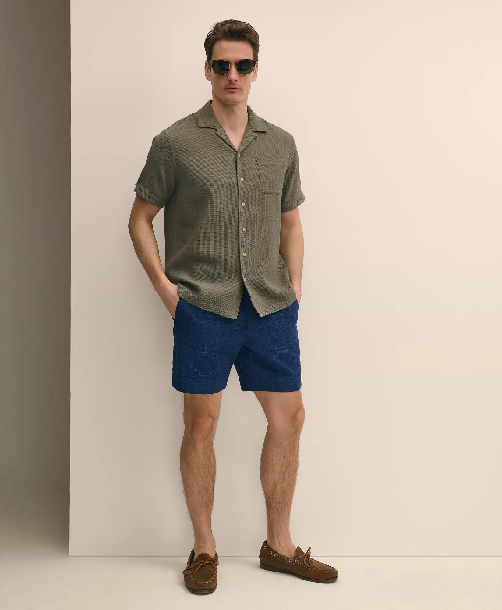 Cotton Camp Collar, Waffle Weave Short-Sleeve Shirt - Medium Green