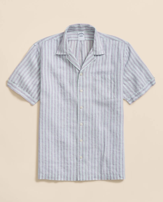 Irish Linen Camp Collar, Striped Short-Sleeve Shirt