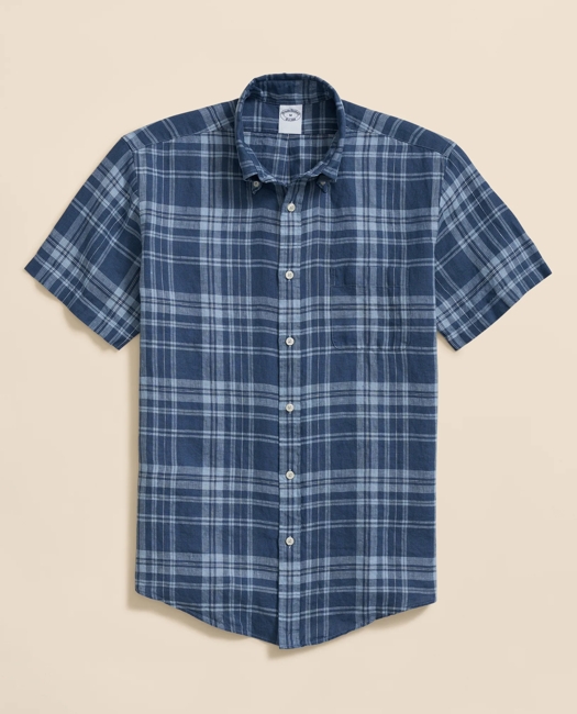 Irish Linen Polo Button Down Collar, Plaid Short-Sleeve Shirt