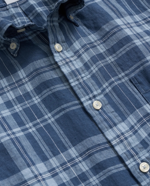 Irish Linen Polo Button Down Collar, Plaid Short-Sleeve Shirt