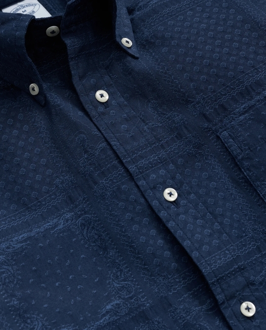 Cotton Jacquard Polo Button Down Collar, Patchwork Short-Sleeve Shirt