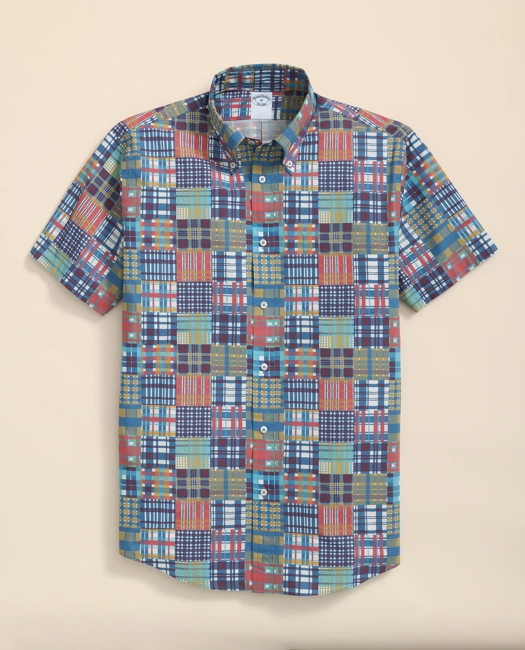 Cotton Polo Button-Down Collar, Patchwork Plaid Short-Sleeve Shirt