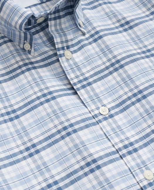 Stretch Cotton Non-Iron Oxford Button-Down Collar, Checked Short-Sleeve Shirt
