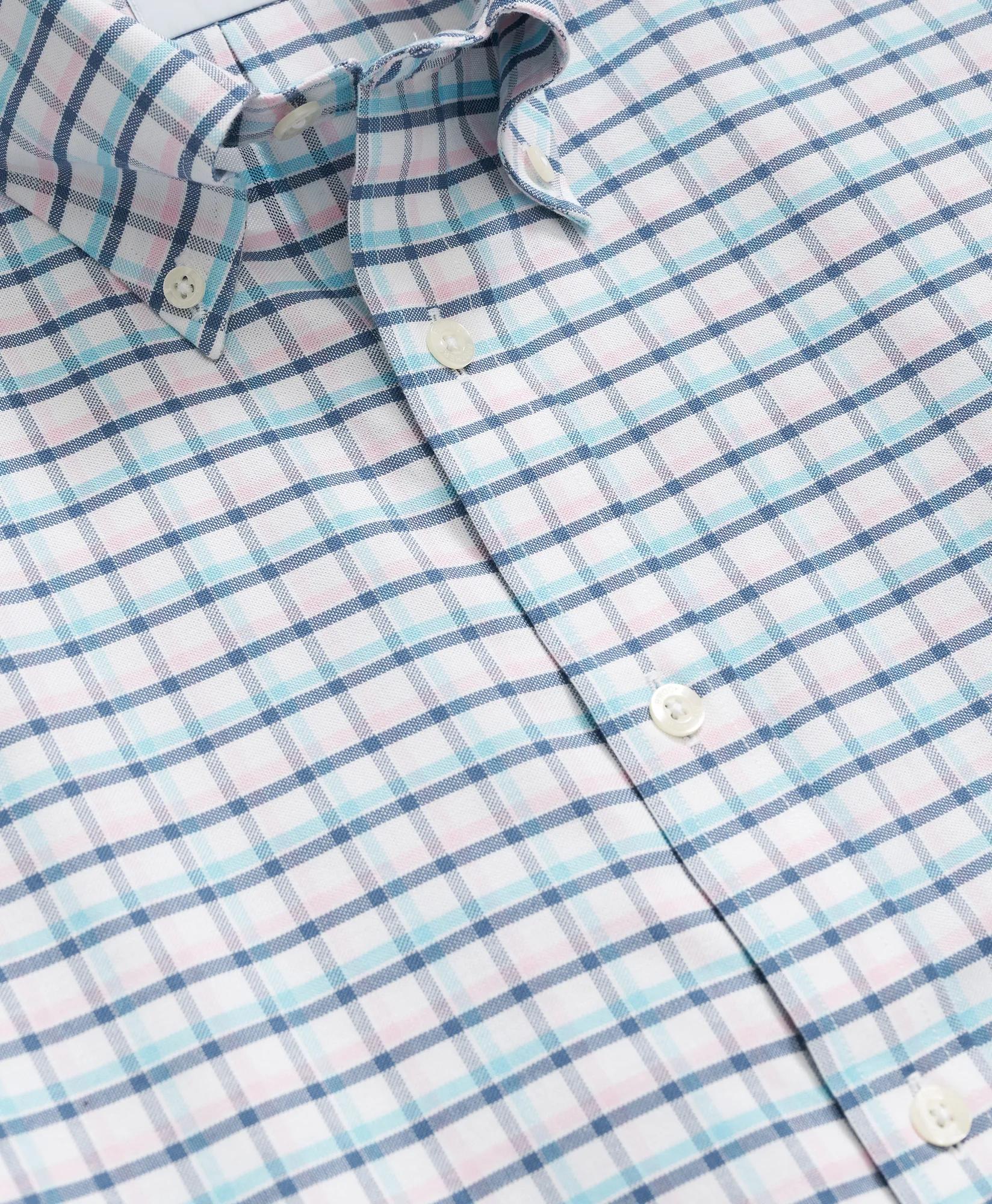 Stretch Cotton Non-Iron Oxford Polo Button-Down Collar, Grid Check Short-Sleeve Shirt