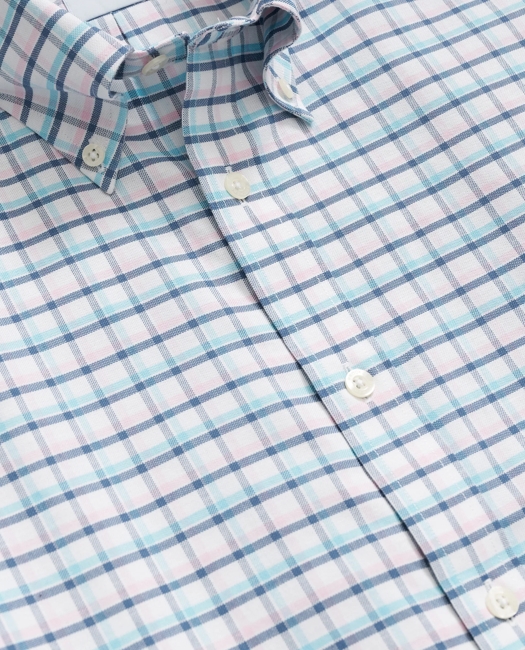 Stretch Cotton Non-Iron Oxford Polo Button-Down Collar, Grid Check Short-Sleeve Shirt