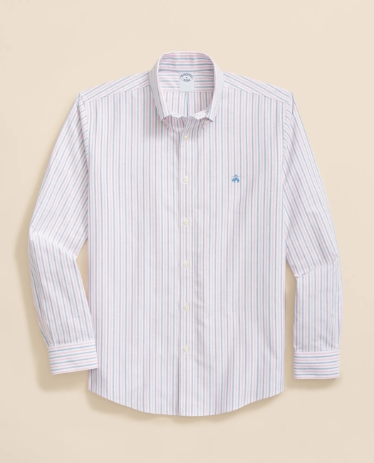 Stretch Cotton Non-Iron Oxford Polo Button-Down Collar, Alternating Stripe Shirt