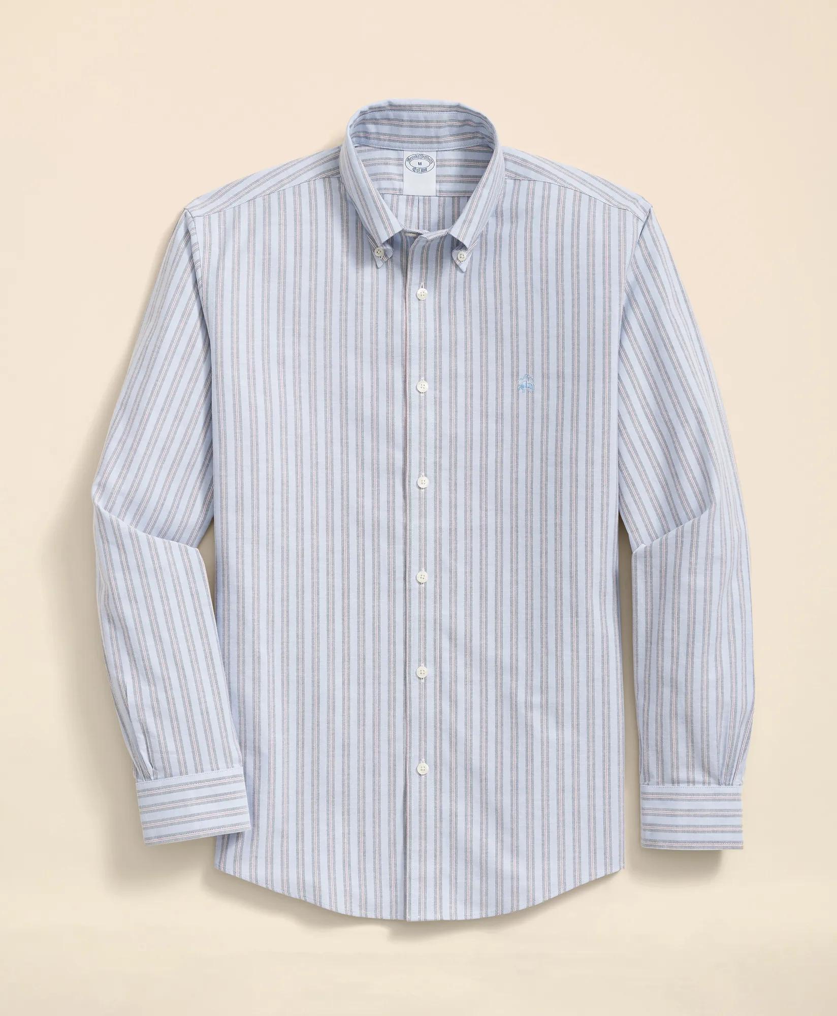 Stretch Cotton Non-Iron Oxford Polo Button Down Collar, Track Stripe Shirt