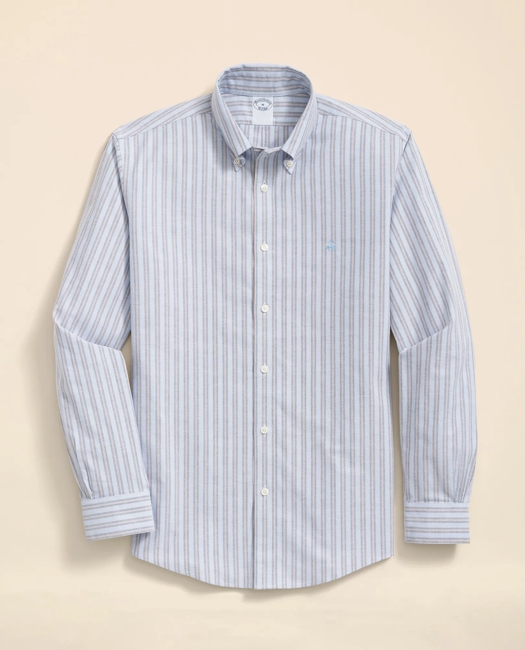 Stretch Cotton Non-Iron Oxford Polo Button Down Collar, Track Stripe Shirt