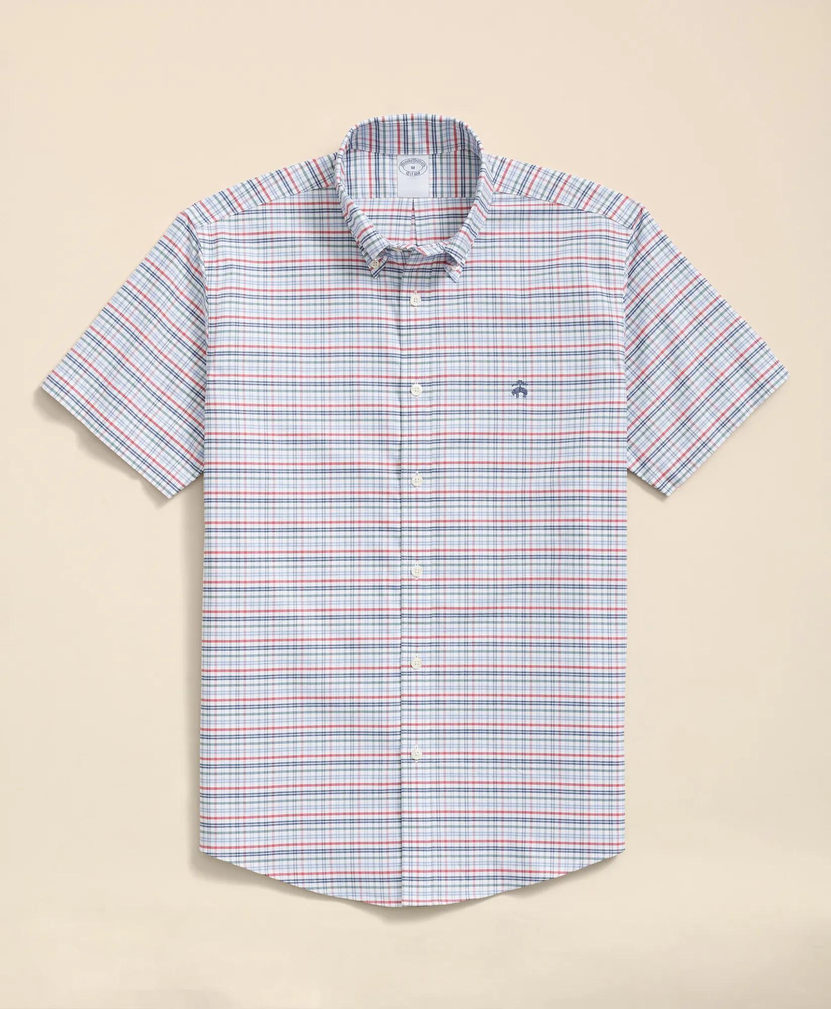 Stretch Cotton Non-Iron Oxford Polo Button Down Collar, Windowpane Short-Sleeve Shirt