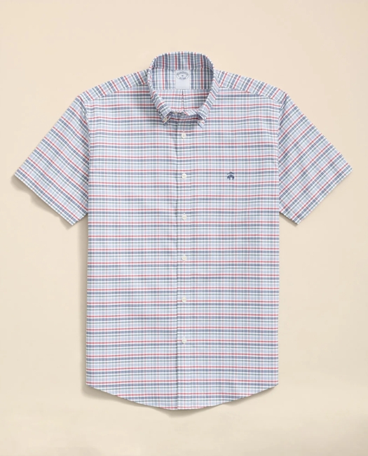 Stretch Cotton Non-Iron Oxford Polo Button Down Collar, Windowpane Short-Sleeve Shirt