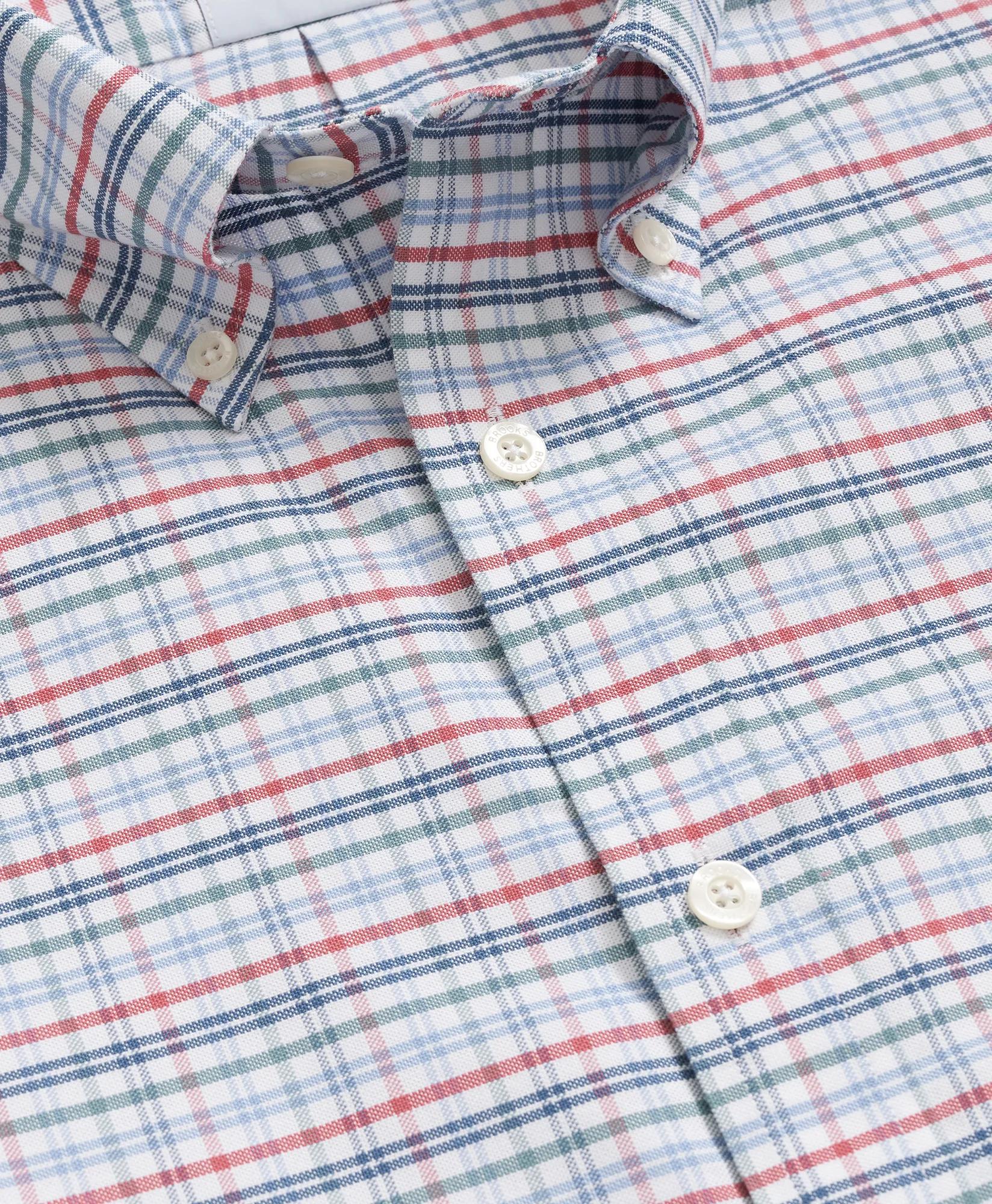 Stretch Cotton Non-Iron Oxford Polo Button Down Collar, Windowpane Short-Sleeve Shirt