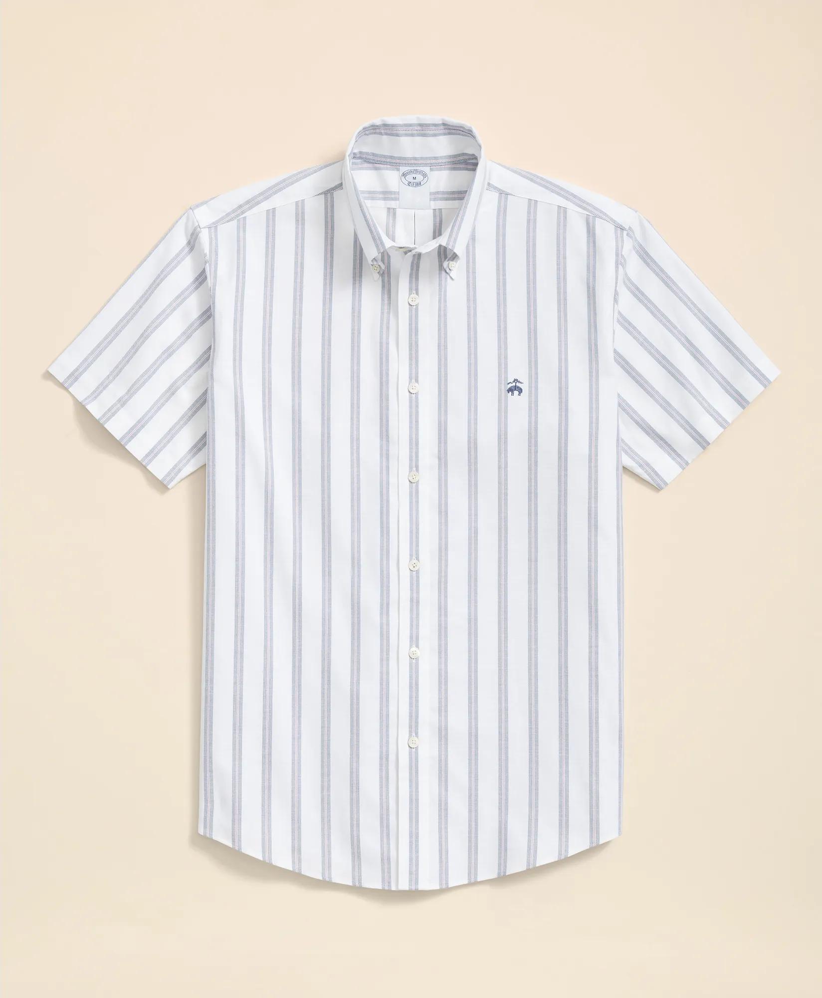Stretch Cotton Non-Iron Oxford Polo Button Down Collar, Striped Short-Sleeve Shirt