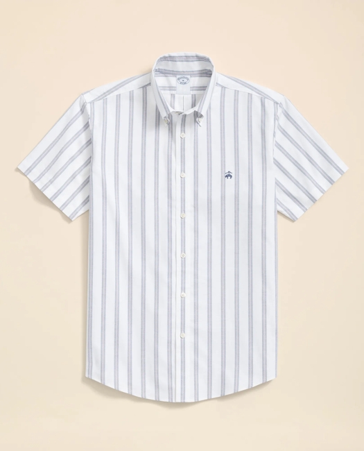 Stretch Cotton Non-Iron Oxford Polo Button Down Collar, Striped Short-Sleeve Shirt