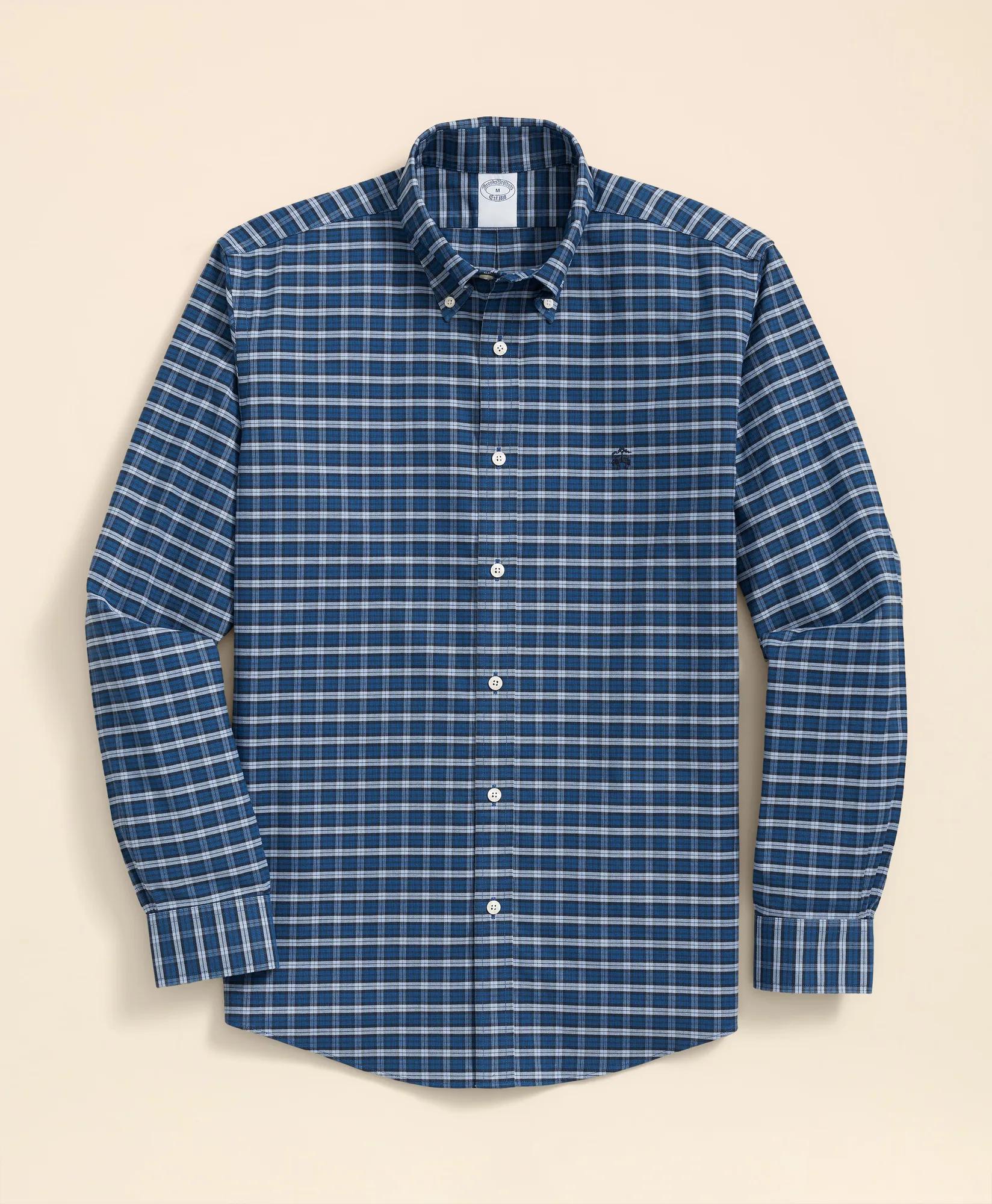 Stretch Cotton Non-Iron Oxford Polo Button Down Collar, Mini Tartan Shirt