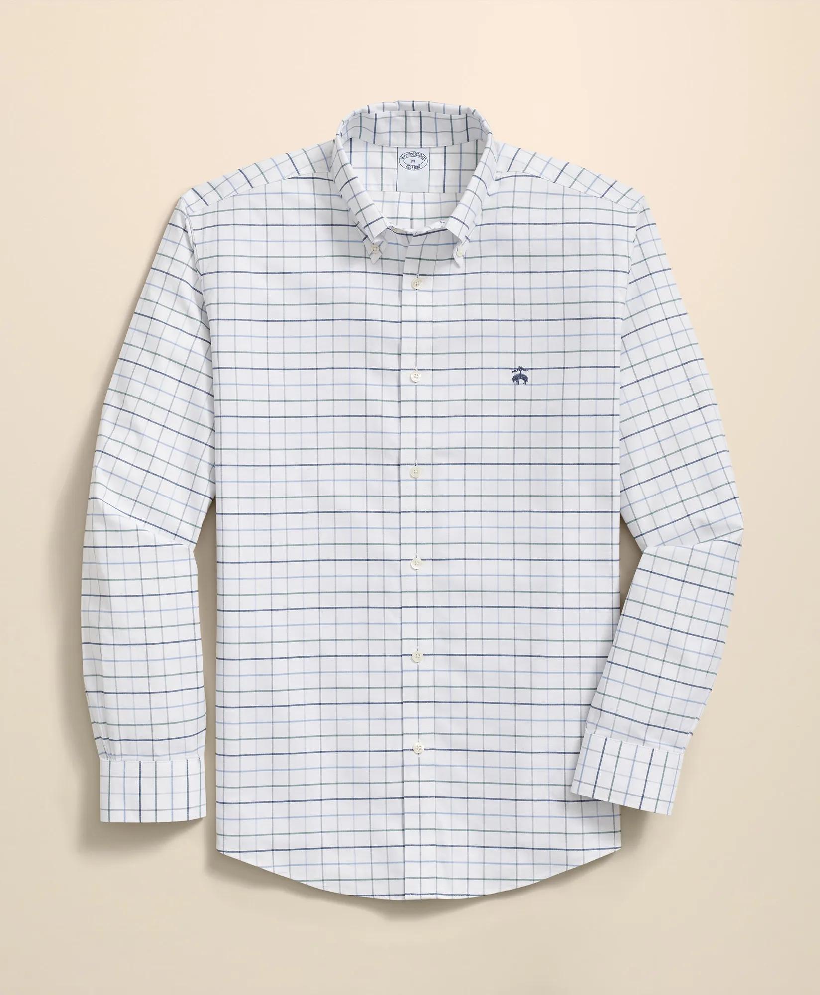 Stretch Cotton Non-Iron Oxford Polo Button Down Collar, Fine Windowpane Shirt
