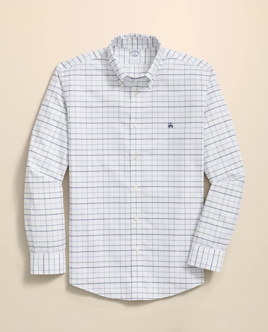 Stretch Cotton Non-Iron Oxford Polo Button Down Collar, Fine Windowpane Shirt