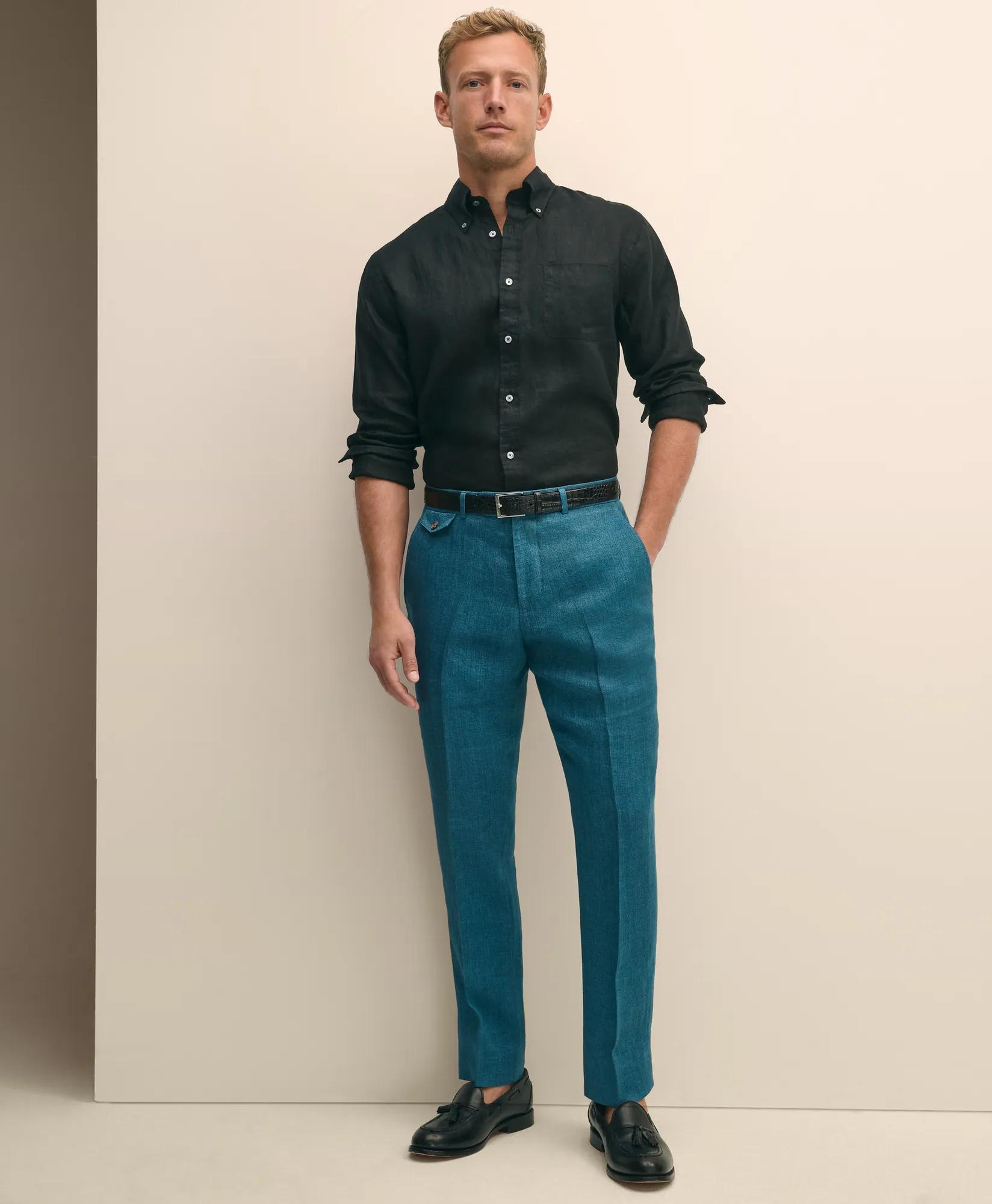 Classic Fit Linen Herringbone Dress Pants - Turquoise