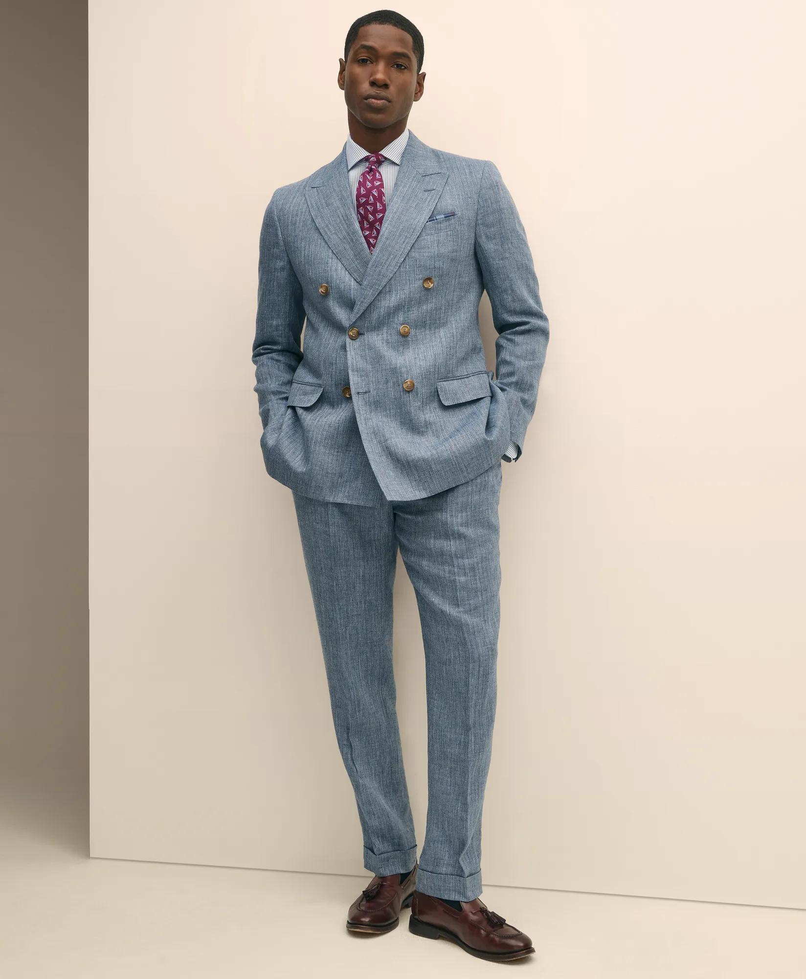 Classic Fit Herringbone Linen Single-Pleat Suit Pants