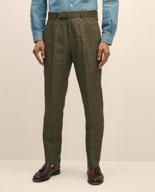 Slim Fit Houndstooth Linen Single-Pleat Suit Pants