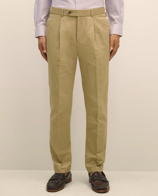 Slim Fit Cotton-Linen Herringbone Single-Pleat Suit Pants