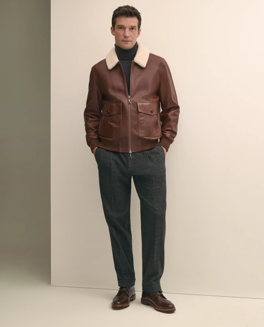 Washed Leather Bomber Jacket With Shearling Collar