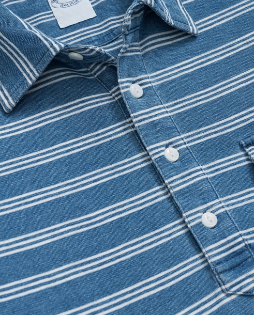 Cotton Stripe Indigo Wash Long-Sleeve Polo Shirt