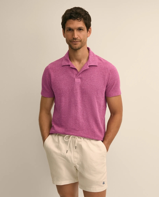 Cotton-Linen Pique Johnny Collar Shirt - Pink