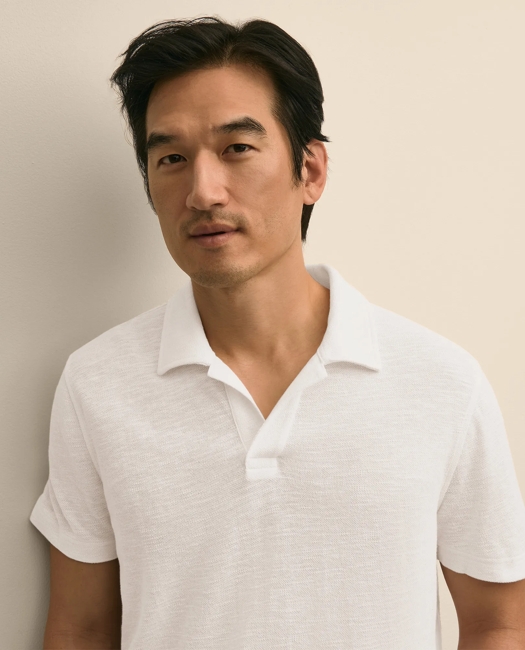 Cotton-Linen Pique Johnny Collar Shirt