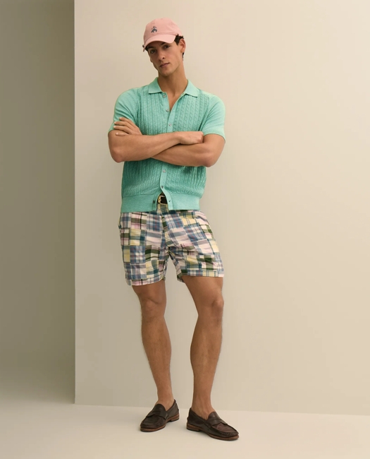 Cotton Cable-Knit Short-Sleeve Polo Sweater Shirt - Pastel Green