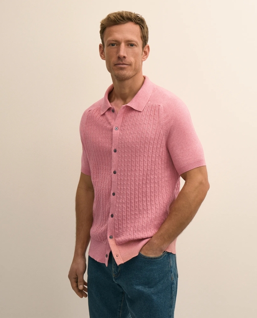 Cotton Cable-Knit Short-Sleeve Polo Sweater Shirt