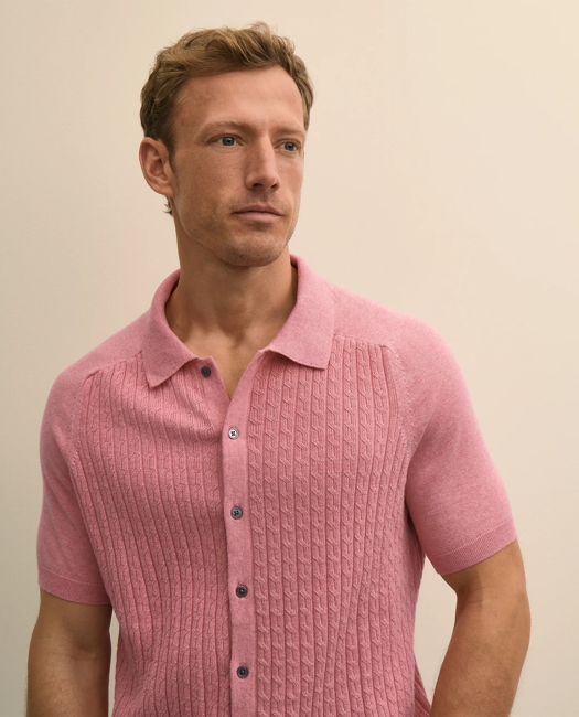 Cotton Cable-Knit Short-Sleeve Polo Sweater Shirt