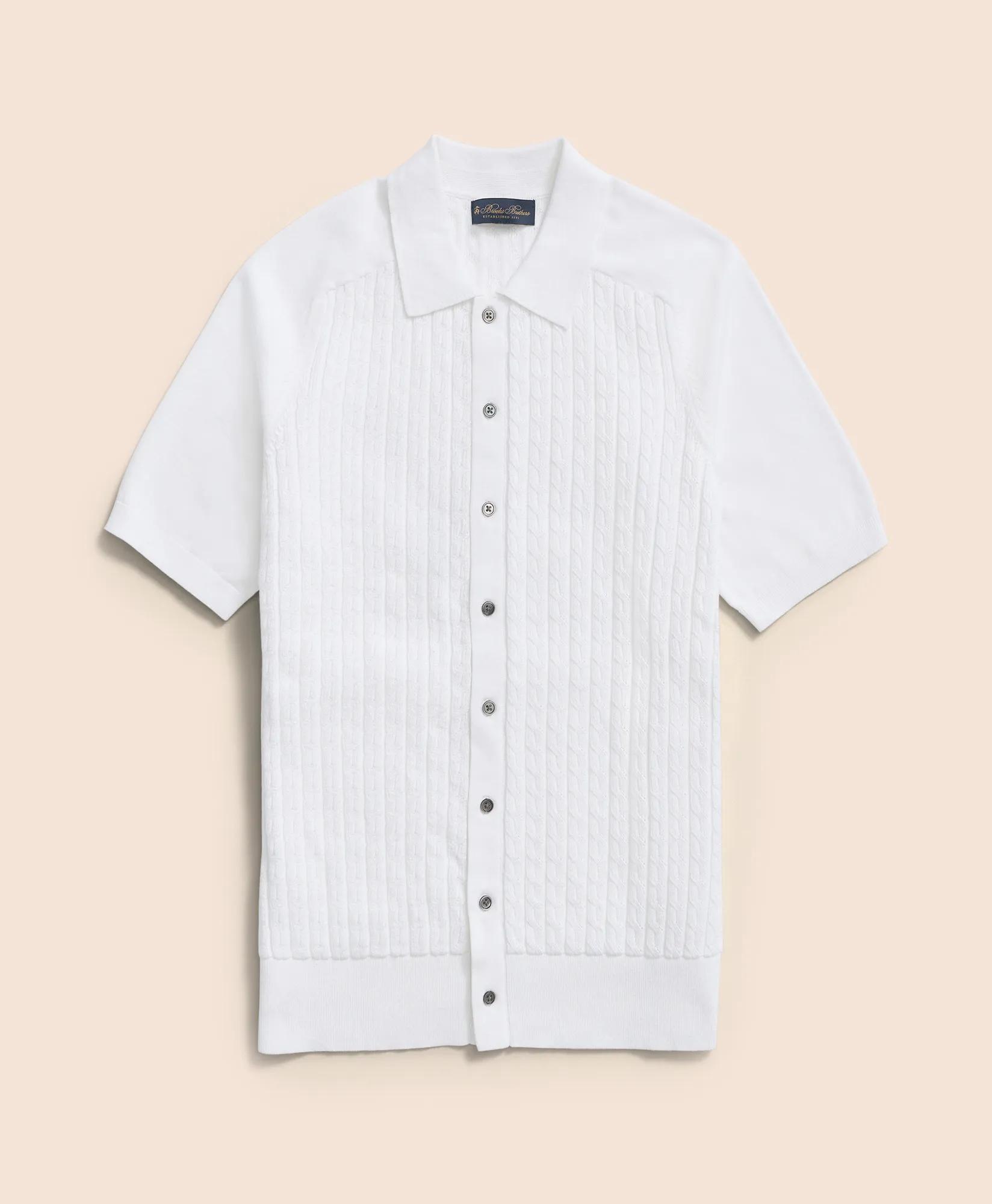 Cotton Cable-Knit Short-Sleeve Polo Sweater
