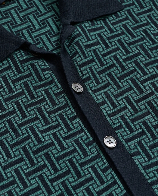 Polo Cardigan in Linen-Blend Tropical Basket Pattern Shirt