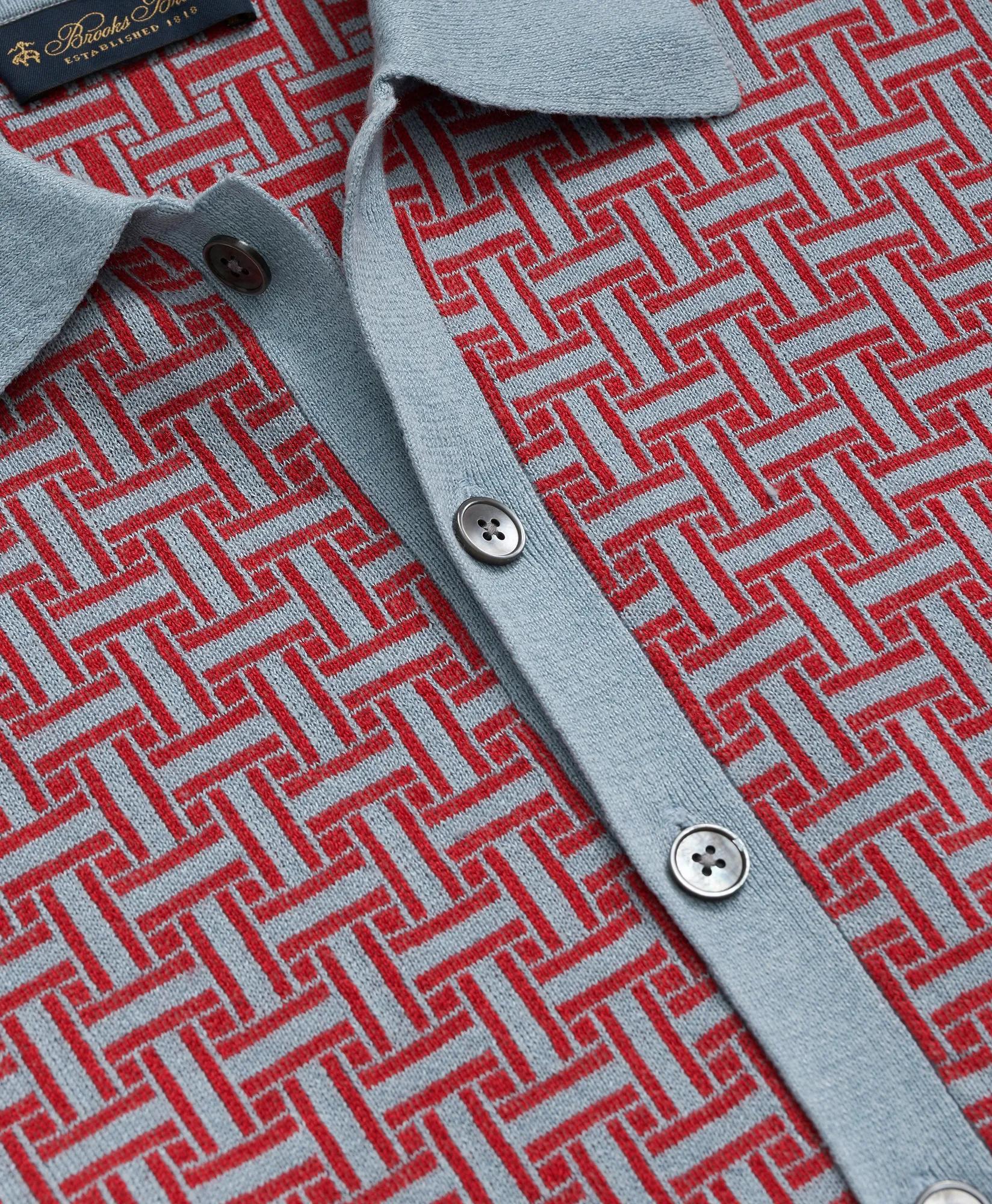 Polo Cardigan in Linen-Blend Tropical Basket Pattern