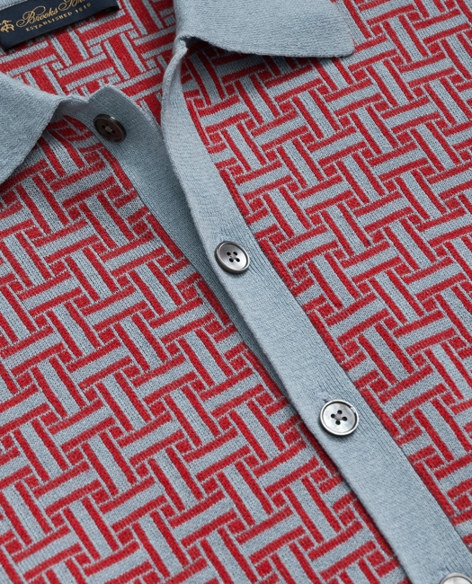 Polo Cardigan in Linen-Blend Tropical Basket Pattern Shirt