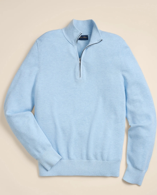 Supima Cotton Pique Quarter-Zip Sweater - Light Blue Heather