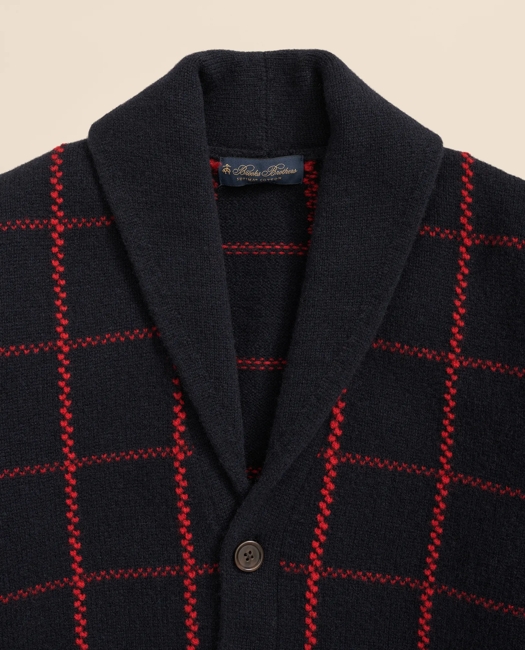 Merino Wool Windowpane Intarsia Shawl-Collar Cardigan