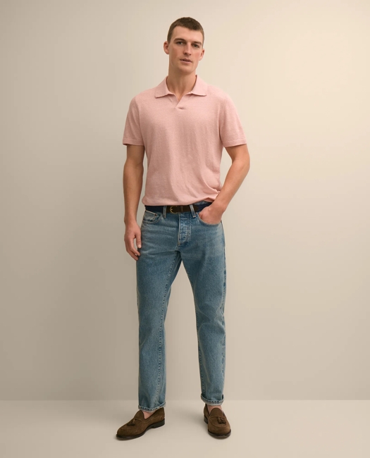 Linen-Cotton-Cashmere Short-Sleeve Mouline Johnny Collar Sweater