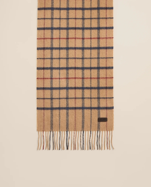 Plaid Camel Hair Windowpane Fringed Scarf