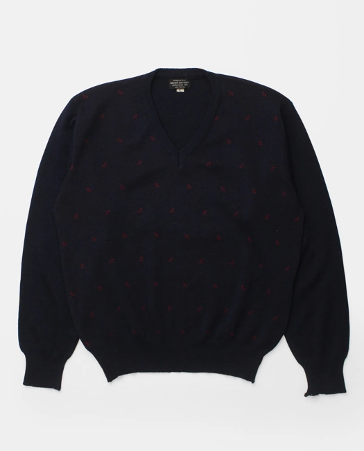 Bird Pattern Intarsia Knit Wool V-Neck Sweater, 1950s, L