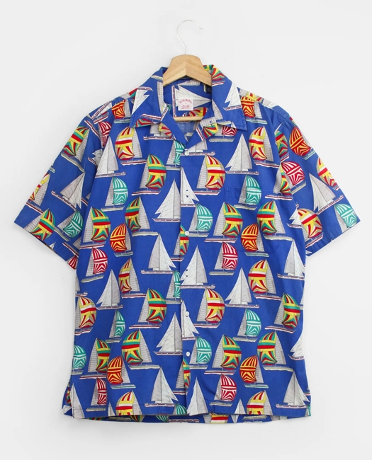 Sailboat Print Camp Collar Short-Sleeved Shirt, 1980s, S