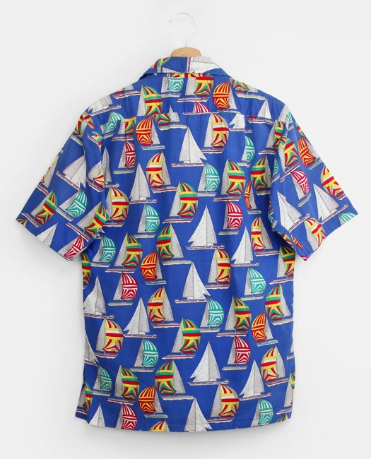 Sailboat Print Camp Collar Short-Sleeved Shirt, 1980s, S