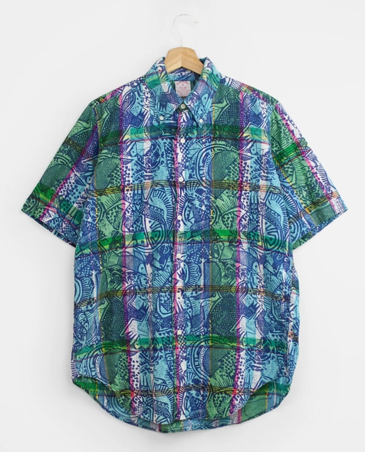 Block Print Madras Short-Sleeved Shirt, 1990s, M