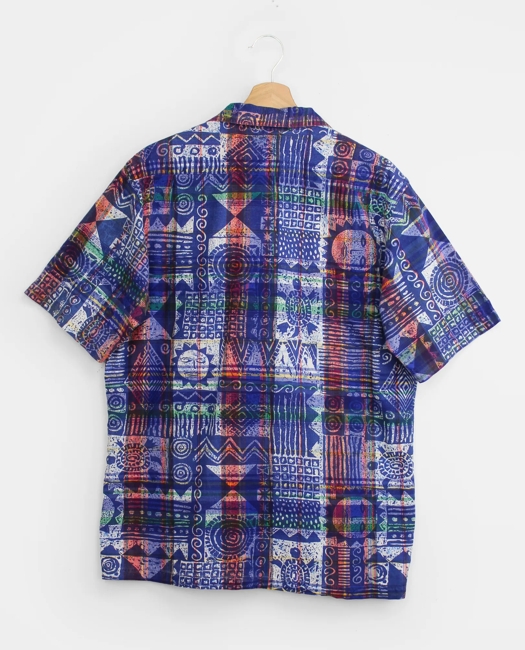Block Print Madras Camp Collar Short-Sleeved Shirt, 1980s 1990s, M