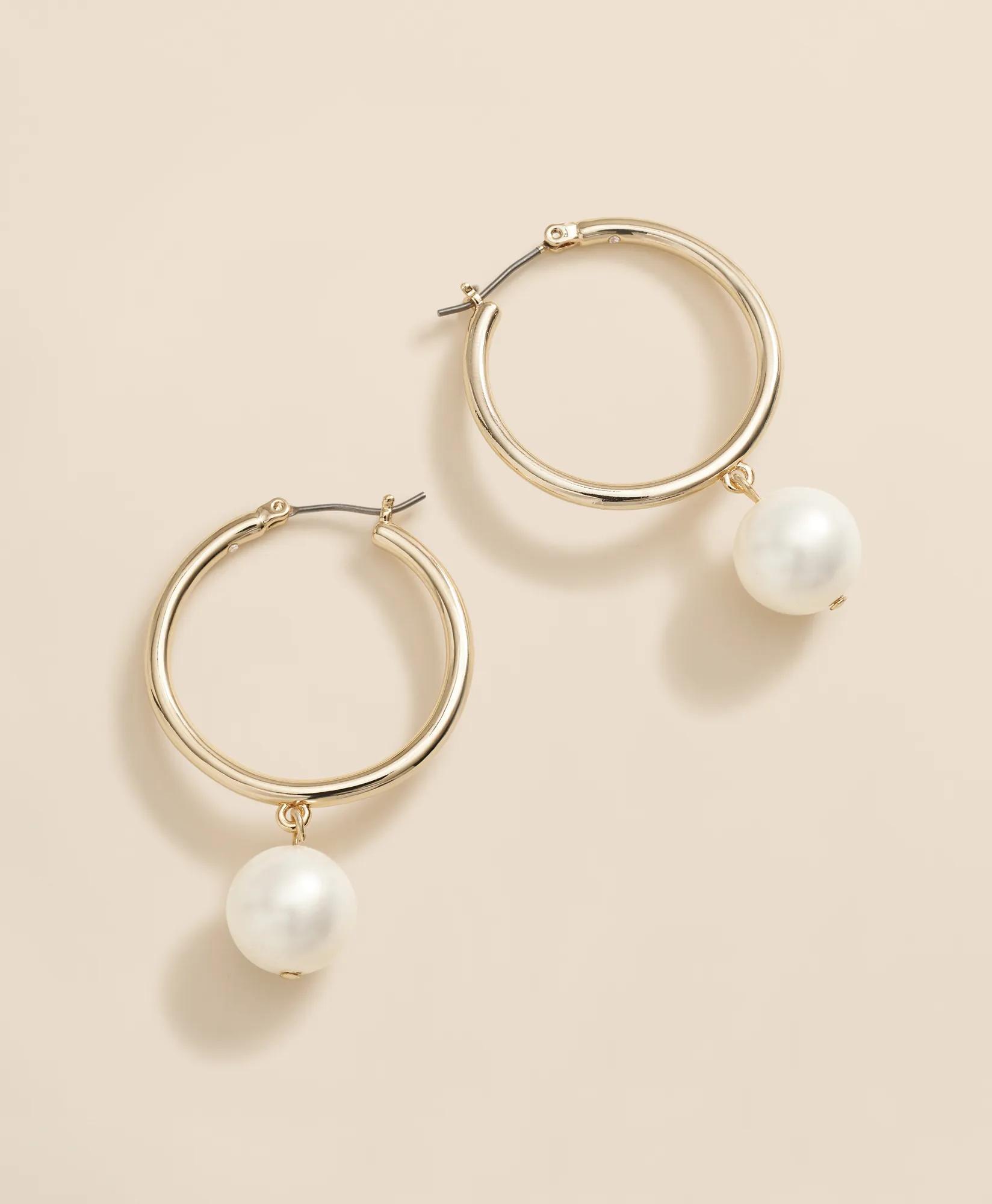 Gold-Tone Faux-Pearl Drop Hoop Earrings