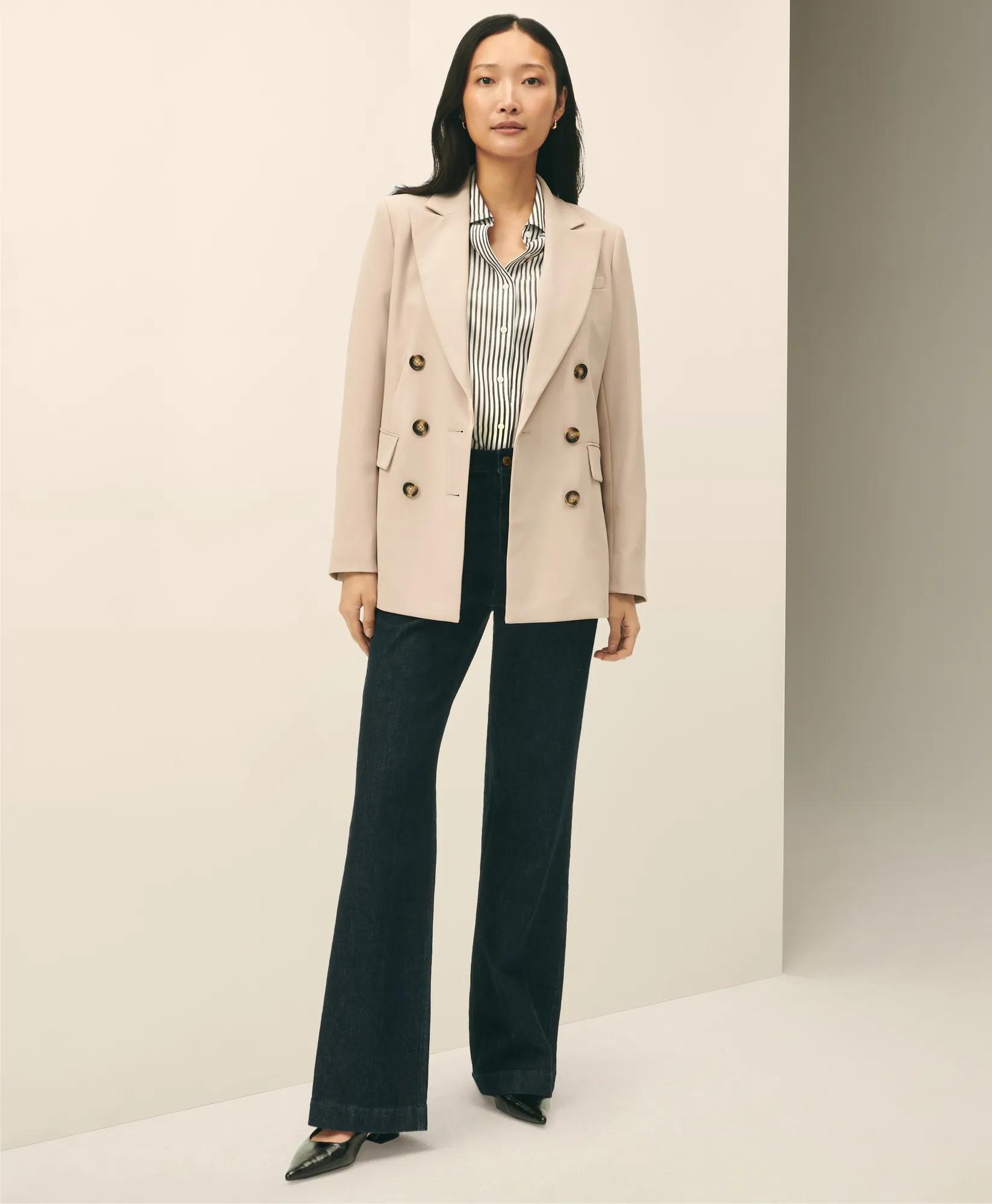 Double-Breasted Peak Lapel Jacket in Fine Twill Stretch Crepe - Khaki