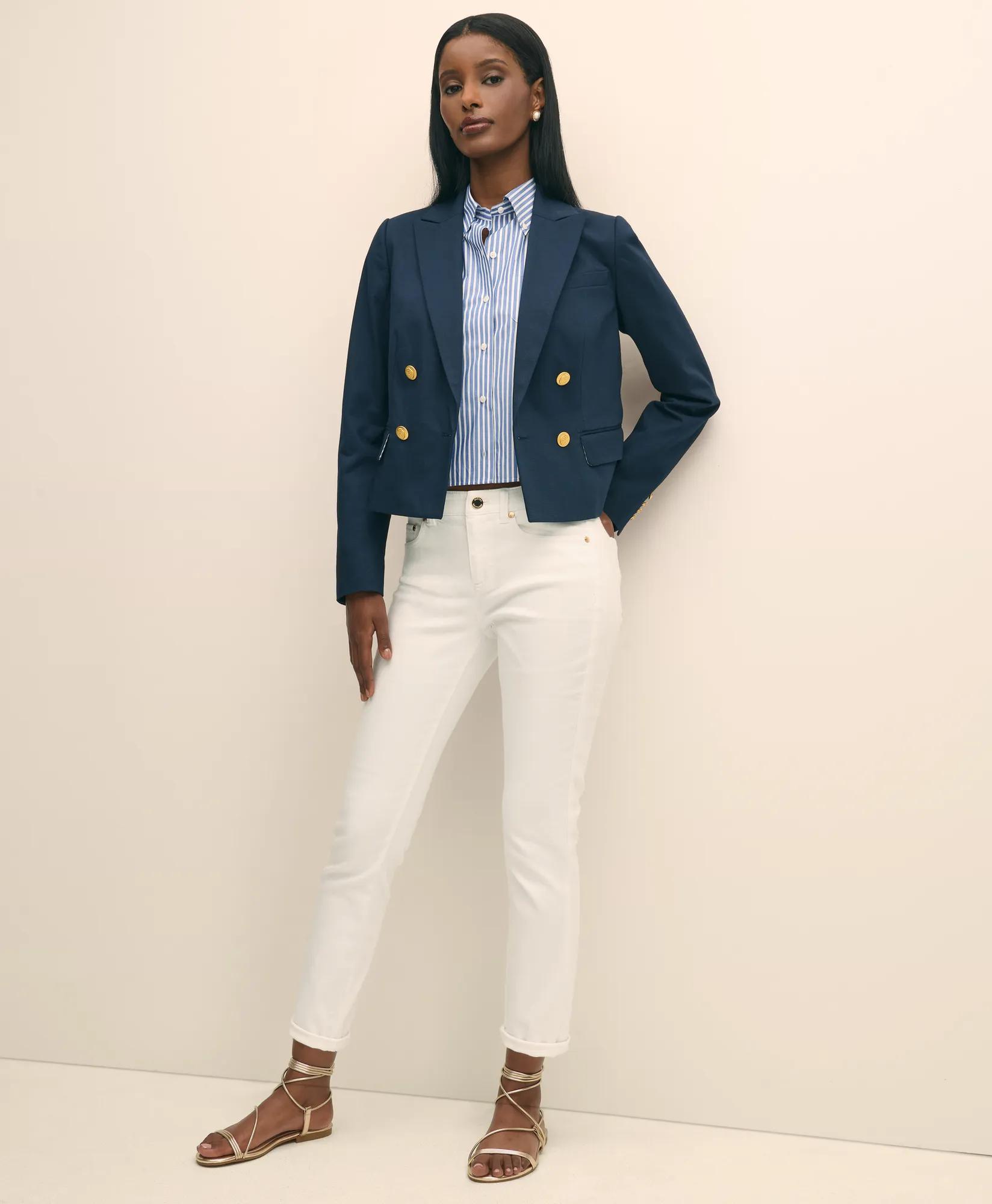 Cropped Double-Breasted Blazer in Cotton Faille