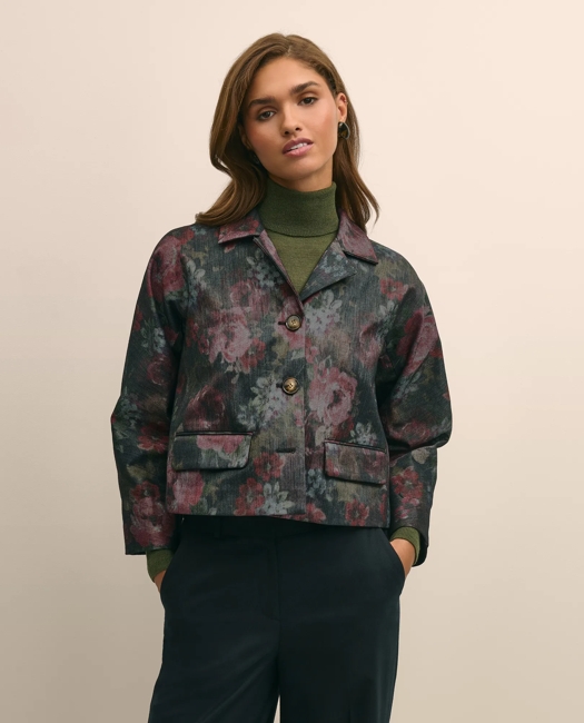 Cotton Blend Floral Jacquard Cropped Jacket